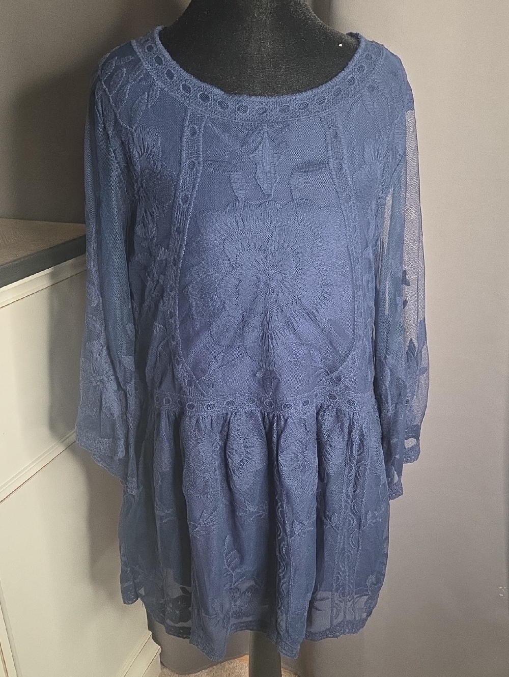 entro Lace-Embroidered Peasant Tunic - Blue